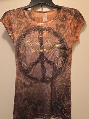Guess Brown Orange Ombré Peace Sign Short Sleeve Tee